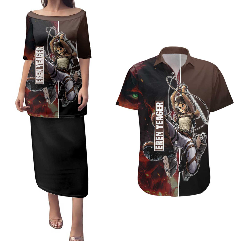 Eren Yeager from Attack on Titan Couples Matching Puletasi and Hawaiian Shirt with Action Poses and Fiery Background Design - The Mazicc