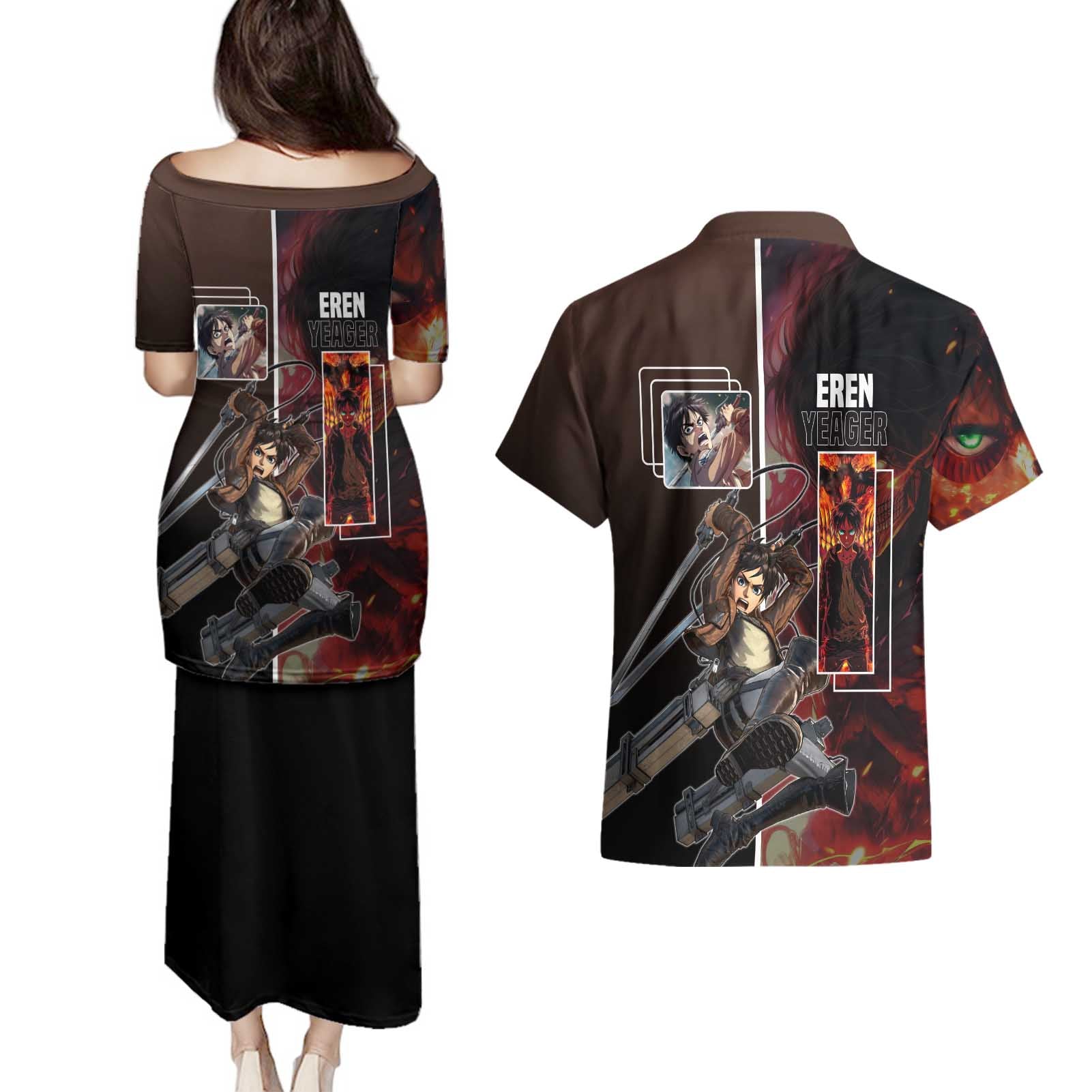 Eren Yeager from Attack on Titan Couples Matching Puletasi and Hawaiian Shirt with Action Poses and Fiery Background Design - The Mazicc