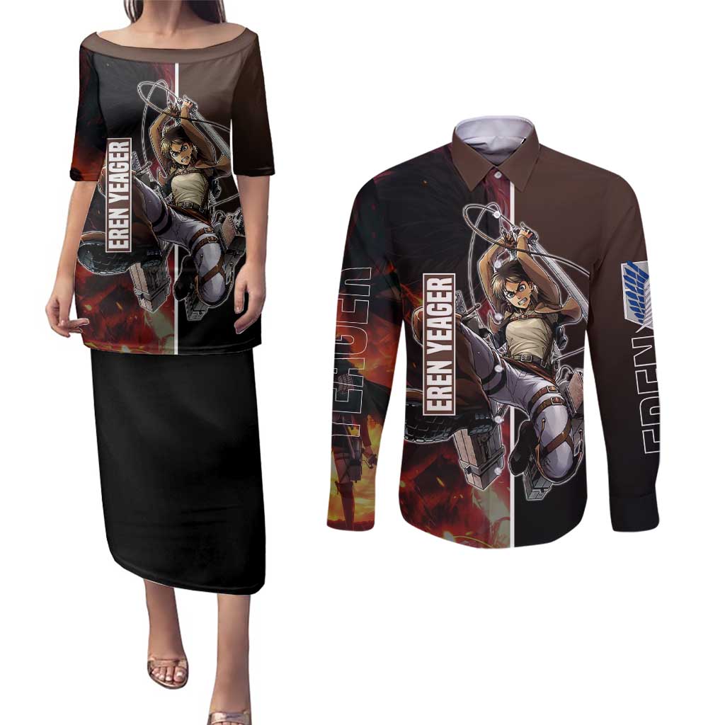 Eren Yeager from Attack on Titan Couples Matching Puletasi and Long Sleeve Button Shirt with Action Poses and Fiery Background Design - The Mazicc