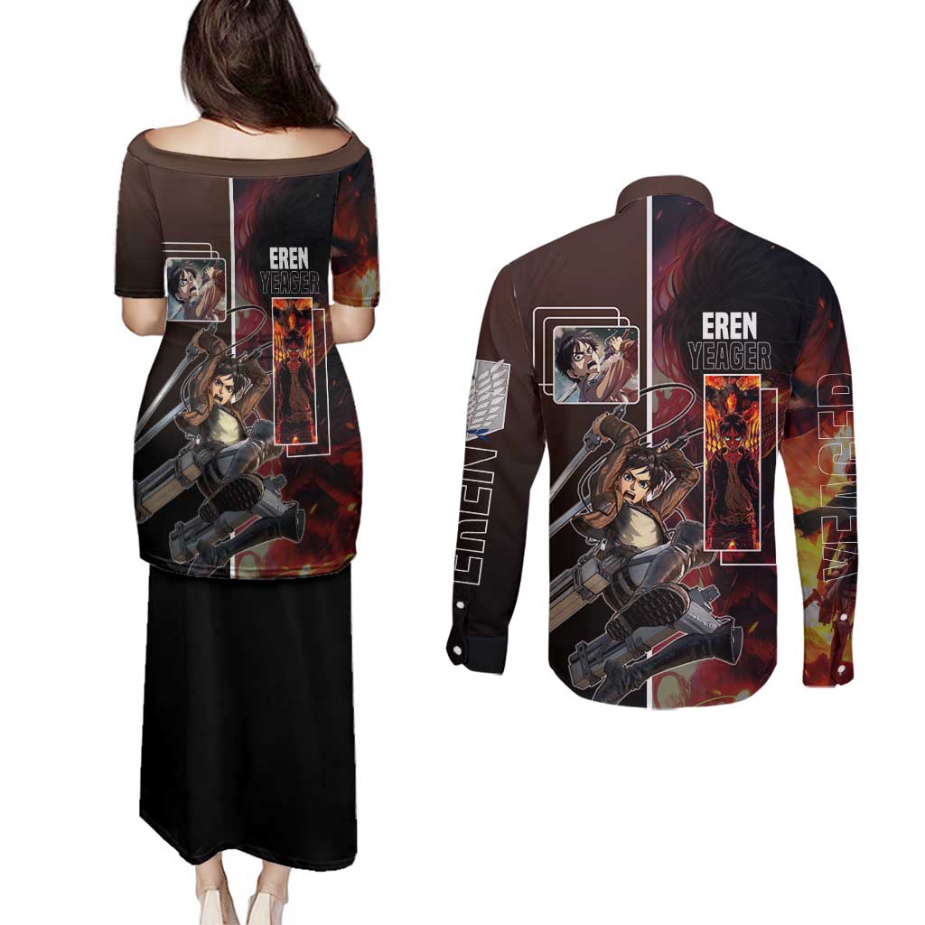 Eren Yeager from Attack on Titan Couples Matching Puletasi and Long Sleeve Button Shirt with Action Poses and Fiery Background Design - The Mazicc