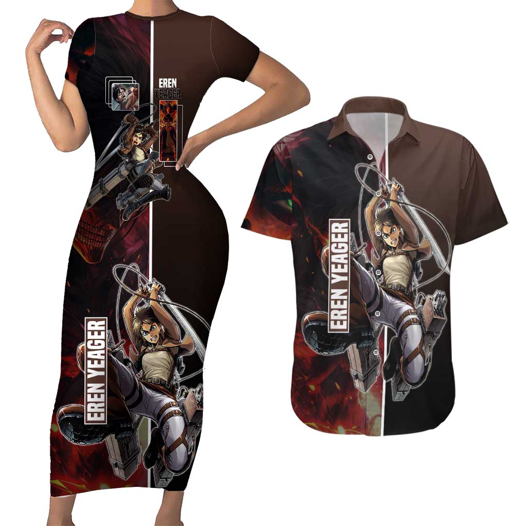 Eren Yeager from Attack on Titan Couples Matching Short Sleeve Bodycon Dress and Hawaiian Shirt with Action Poses and Fiery Background Design - The Mazicc