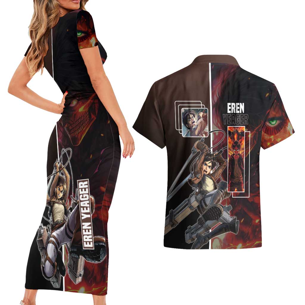 Eren Yeager from Attack on Titan Couples Matching Short Sleeve Bodycon Dress and Hawaiian Shirt with Action Poses and Fiery Background Design - The Mazicc