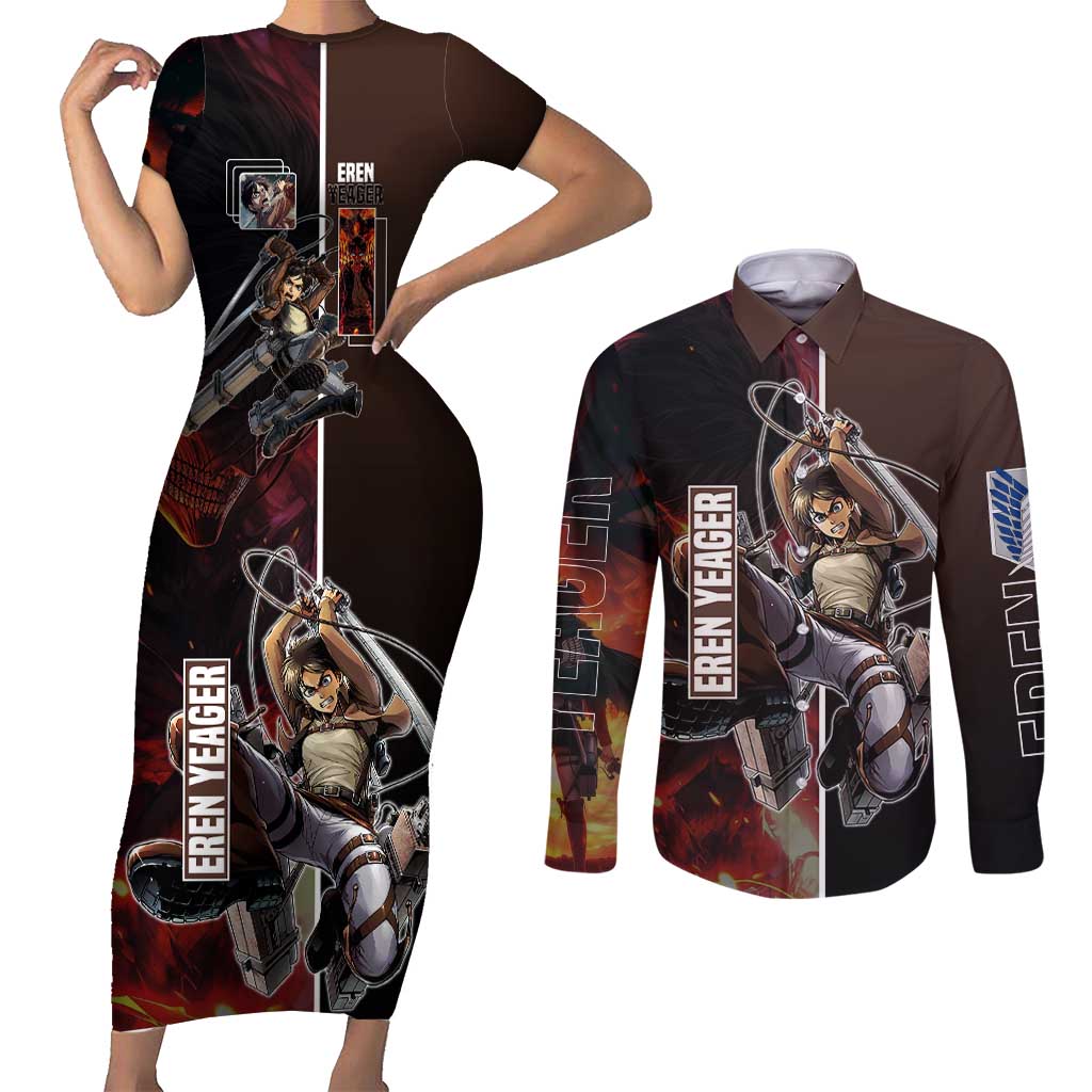 Eren Yeager from Attack on Titan Couples Matching Short Sleeve Bodycon Dress and Long Sleeve Button Shirt with Action Poses and Fiery Background Design - The Mazicc