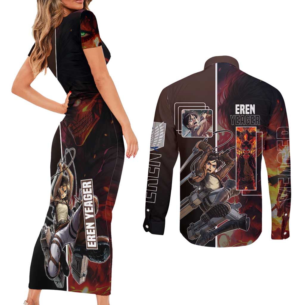 Eren Yeager from Attack on Titan Couples Matching Short Sleeve Bodycon Dress and Long Sleeve Button Shirt with Action Poses and Fiery Background Design - The Mazicc