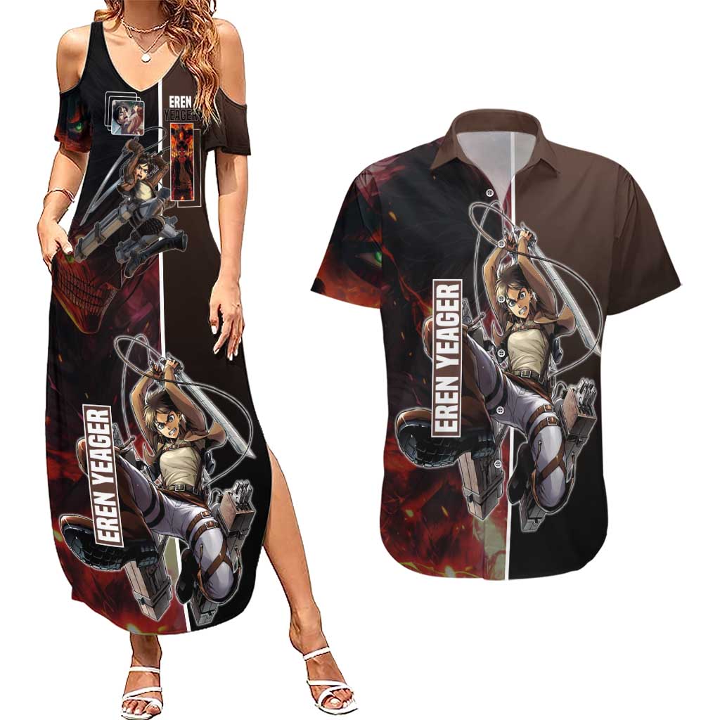 Eren Yeager from Attack on Titan Couples Matching Summer Maxi Dress and Hawaiian Shirt with Action Poses and Fiery Background Design - The Mazicc