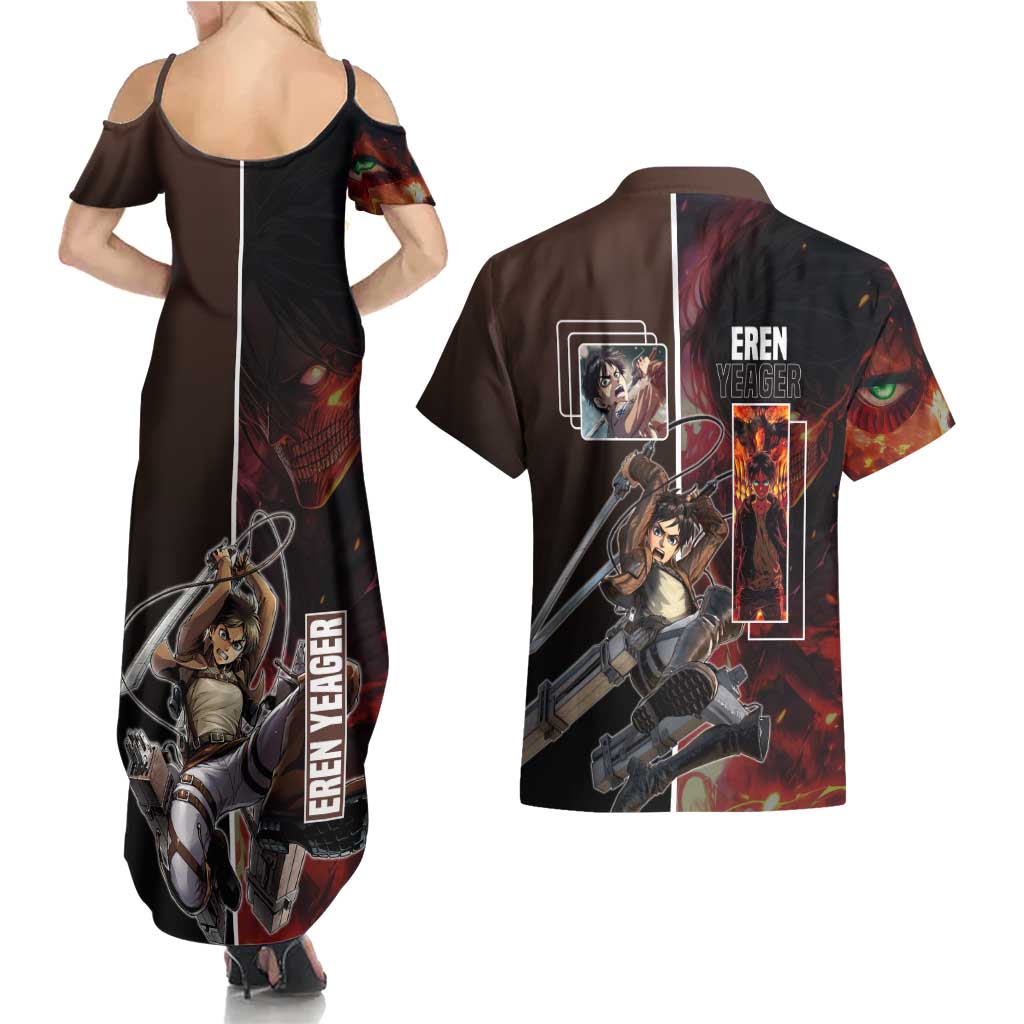 Eren Yeager from Attack on Titan Couples Matching Summer Maxi Dress and Hawaiian Shirt with Action Poses and Fiery Background Design - The Mazicc