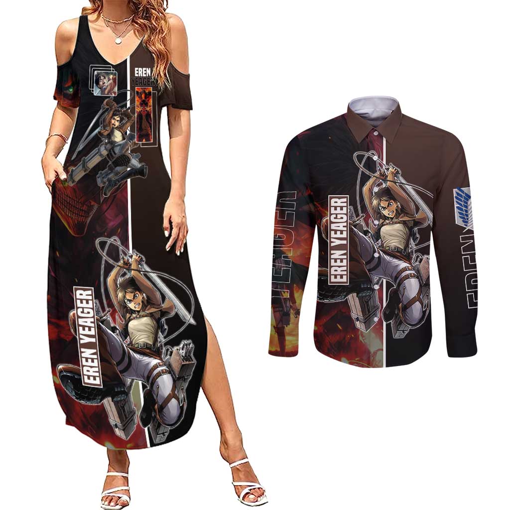 Eren Yeager from Attack on Titan Couples Matching Summer Maxi Dress and Long Sleeve Button Shirt with Action Poses and Fiery Background Design - The Mazicc