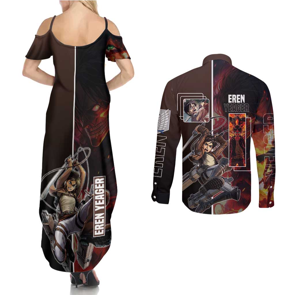 Eren Yeager from Attack on Titan Couples Matching Summer Maxi Dress and Long Sleeve Button Shirt with Action Poses and Fiery Background Design - The Mazicc