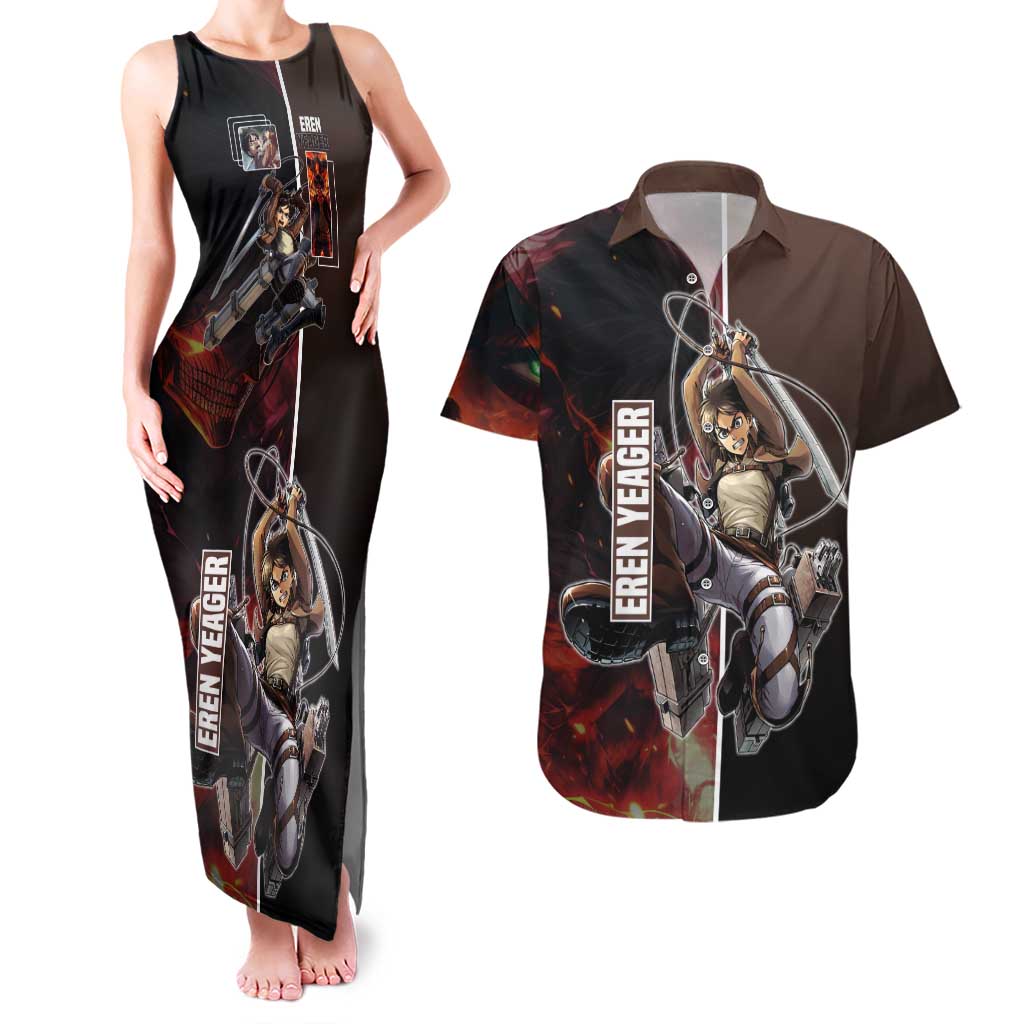 Eren Yeager from Attack on Titan Couples Matching Tank Maxi Dress and Hawaiian Shirt with Action Poses and Fiery Background Design - The Mazicc