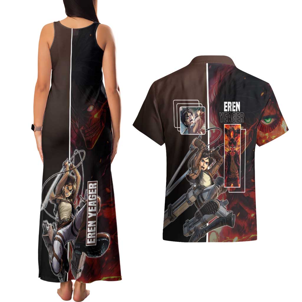 Eren Yeager from Attack on Titan Couples Matching Tank Maxi Dress and Hawaiian Shirt with Action Poses and Fiery Background Design - The Mazicc