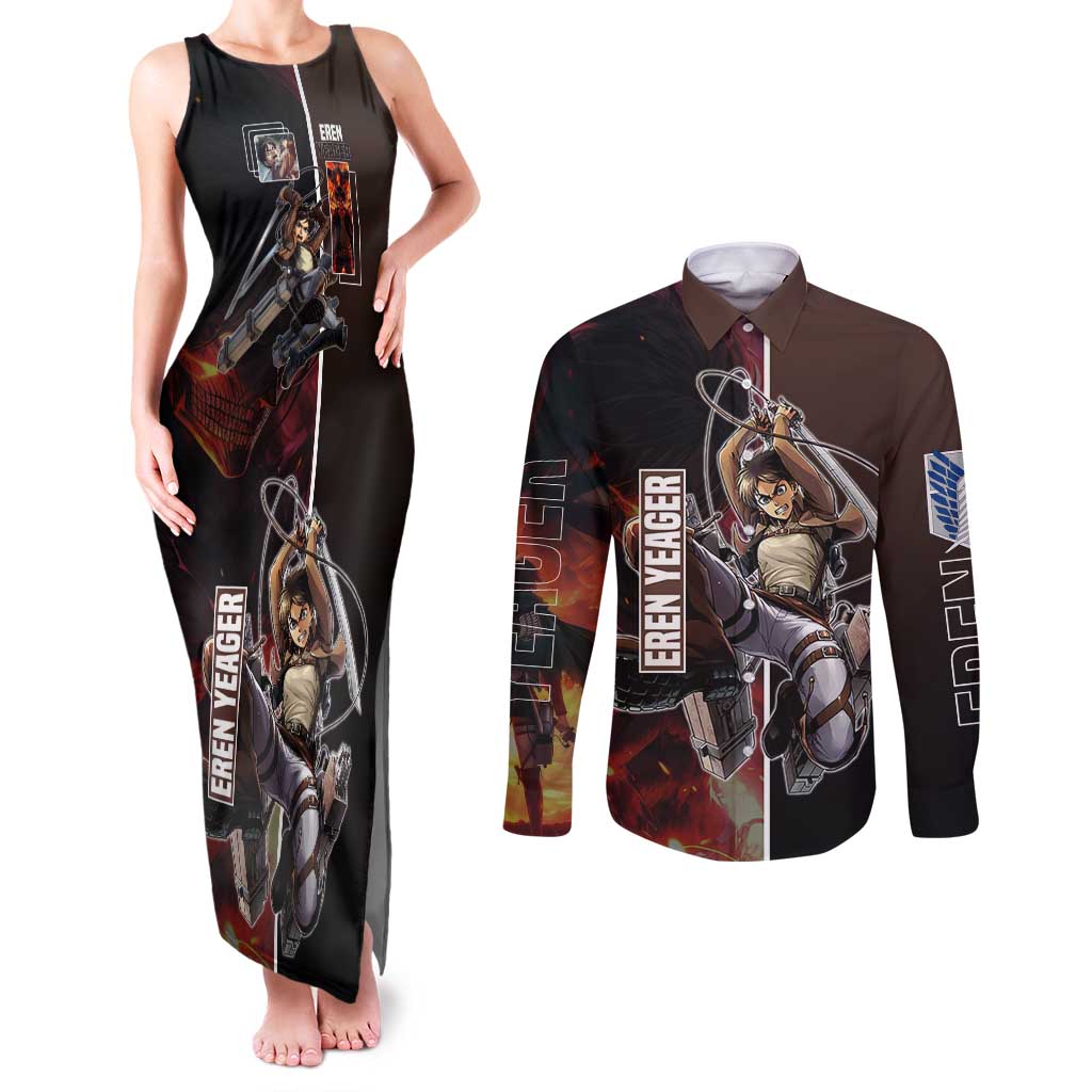 Eren Yeager from Attack on Titan Couples Matching Tank Maxi Dress and Long Sleeve Button Shirt with Action Poses and Fiery Background Design - The Mazicc
