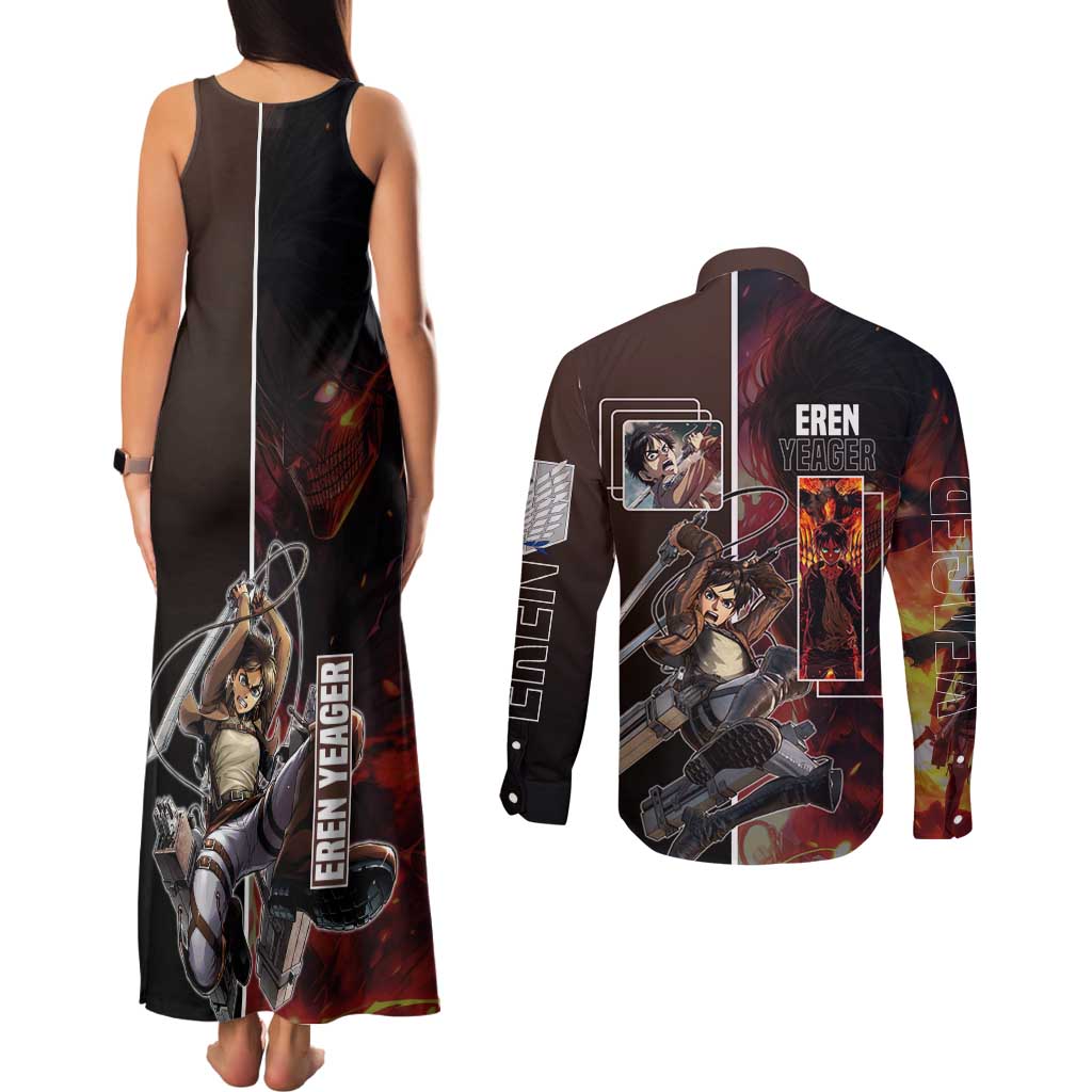 Eren Yeager from Attack on Titan Couples Matching Tank Maxi Dress and Long Sleeve Button Shirt with Action Poses and Fiery Background Design - The Mazicc