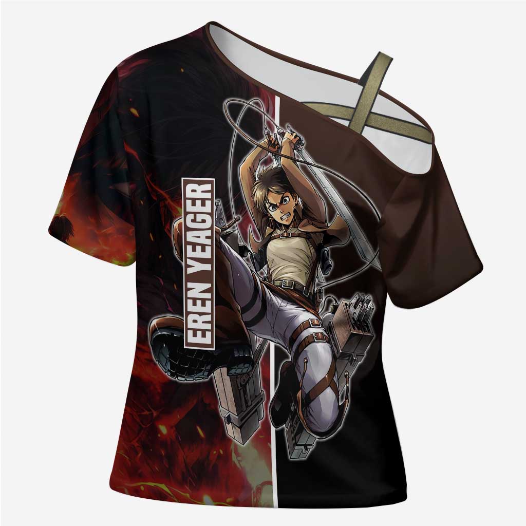 Eren Yeager from Attack on Titan Cross Shoulder Shirt with Action Poses and Fiery Background Design - The Mazicc