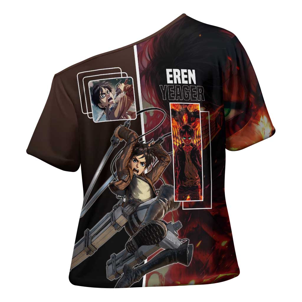 Eren Yeager from Attack on Titan Cross Shoulder Shirt with Action Poses and Fiery Background Design - The Mazicc