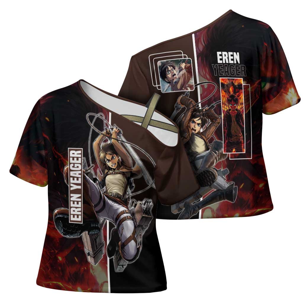Eren Yeager from Attack on Titan Cross Shoulder Shirt with Action Poses and Fiery Background Design - The Mazicc
