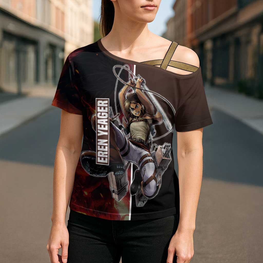 Eren Yeager from Attack on Titan Cross Shoulder Shirt with Action Poses and Fiery Background Design - The Mazicc