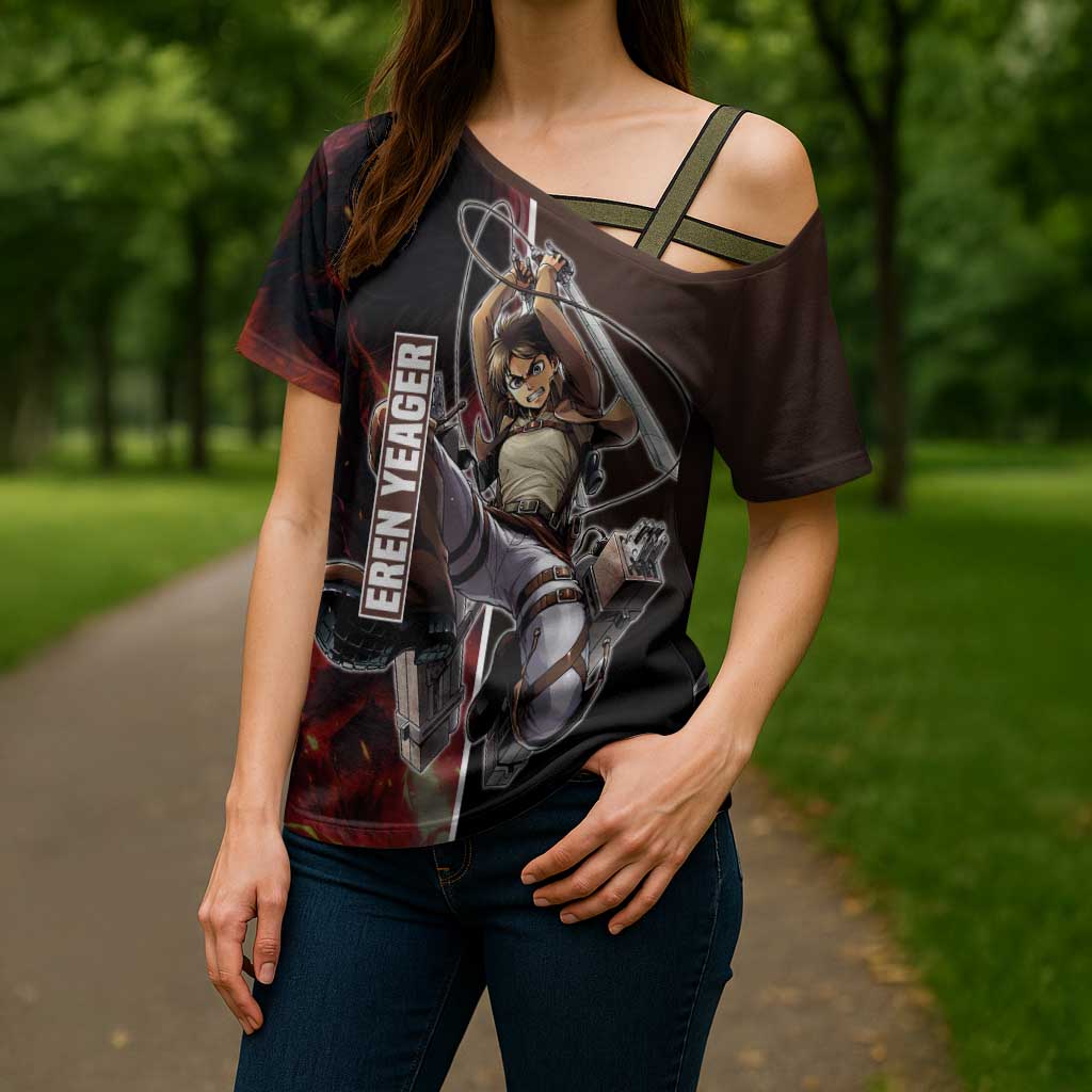Eren Yeager from Attack on Titan Cross Shoulder Shirt with Action Poses and Fiery Background Design - The Mazicc