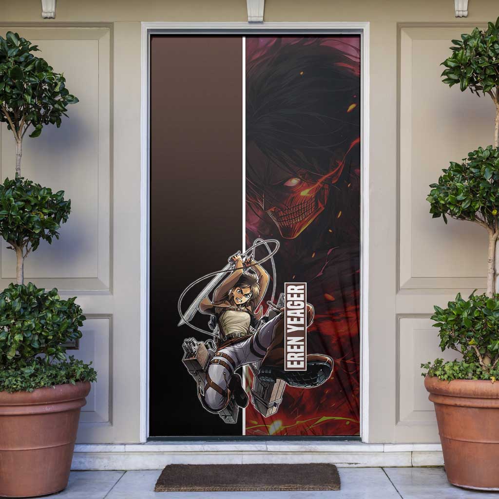 Eren Yeager from Attack on Titan Door Cover with Action Poses and Fiery Background Design - The Mazicc