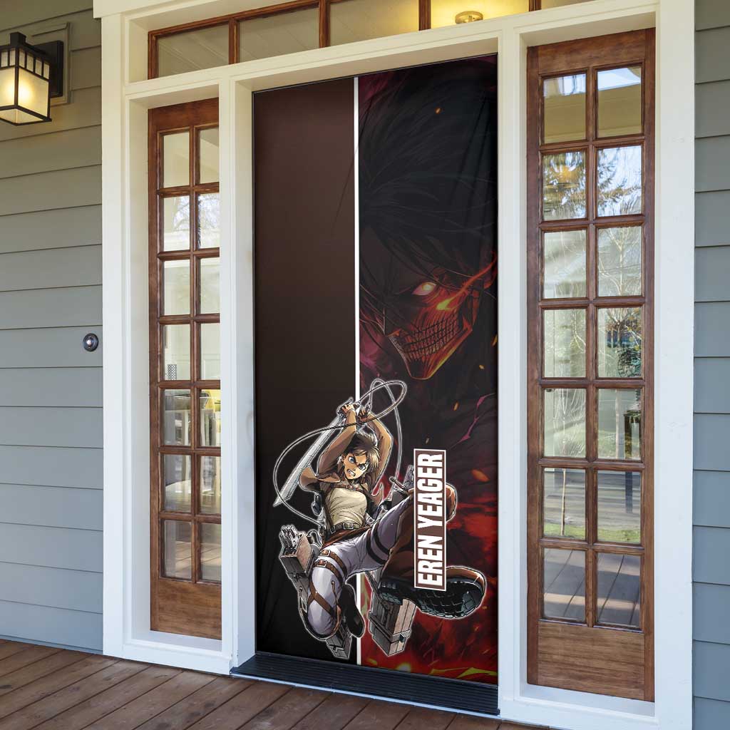 Eren Yeager from Attack on Titan Door Cover with Action Poses and Fiery Background Design - The Mazicc