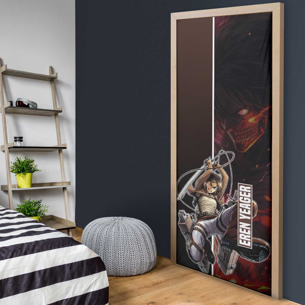 Eren Yeager from Attack on Titan Door Cover with Action Poses and Fiery Background Design - The Mazicc