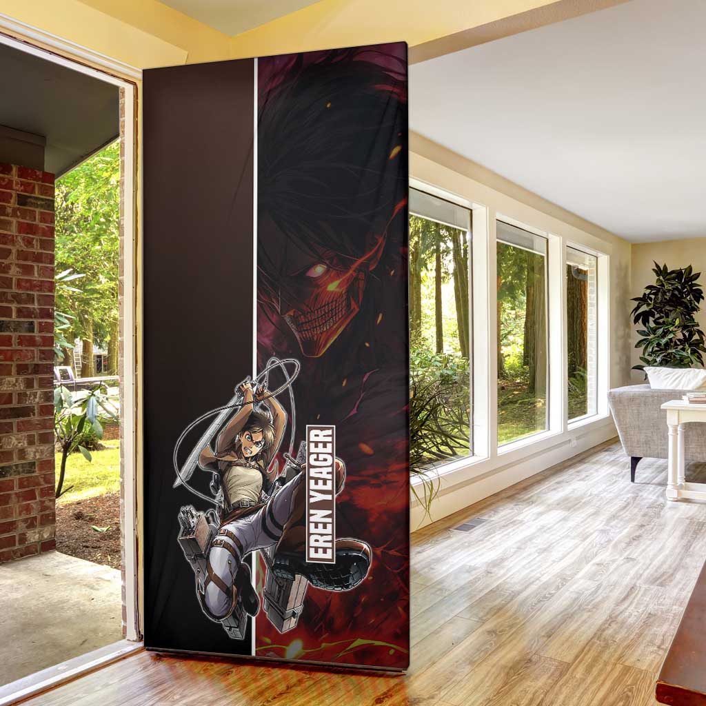 Eren Yeager from Attack on Titan Door Cover with Action Poses and Fiery Background Design - The Mazicc