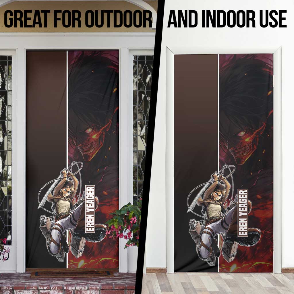 Eren Yeager from Attack on Titan Door Cover with Action Poses and Fiery Background Design - The Mazicc