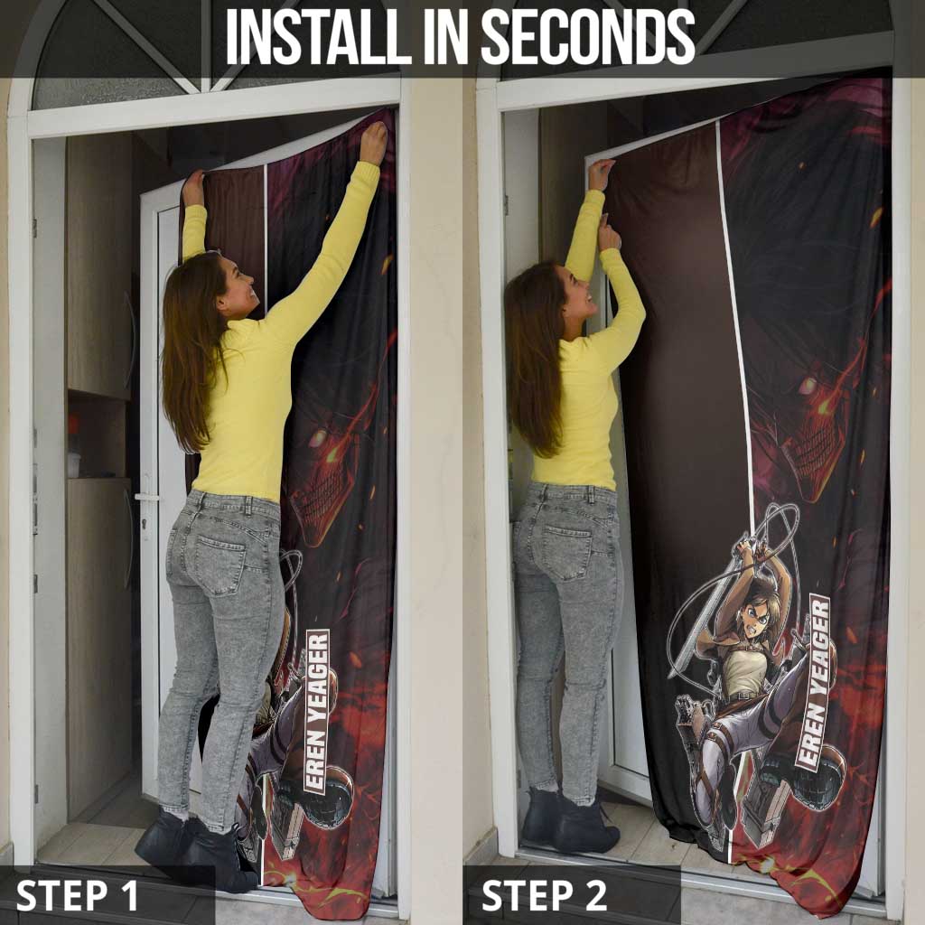 Eren Yeager from Attack on Titan Door Cover with Action Poses and Fiery Background Design - The Mazicc