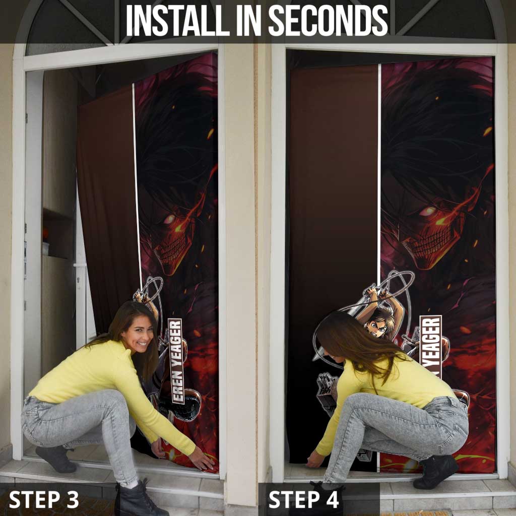 Eren Yeager from Attack on Titan Door Cover with Action Poses and Fiery Background Design - The Mazicc