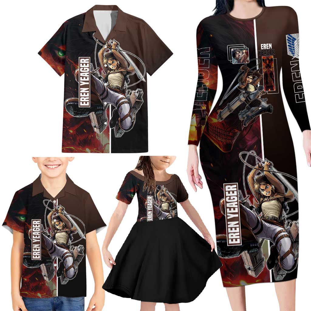 Eren Yeager from Attack on Titan Family Matching Long Sleeve Bodycon Dress and Hawaiian Shirt with Action Poses and Fiery Background Design - The Mazicc
