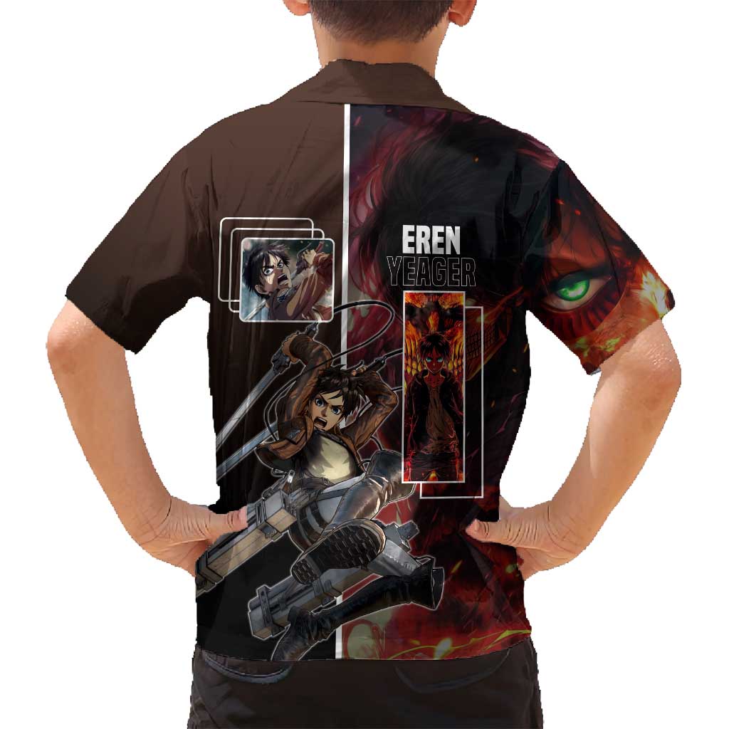 Eren Yeager from Attack on Titan Family Matching Long Sleeve Bodycon Dress and Hawaiian Shirt with Action Poses and Fiery Background Design - The Mazicc