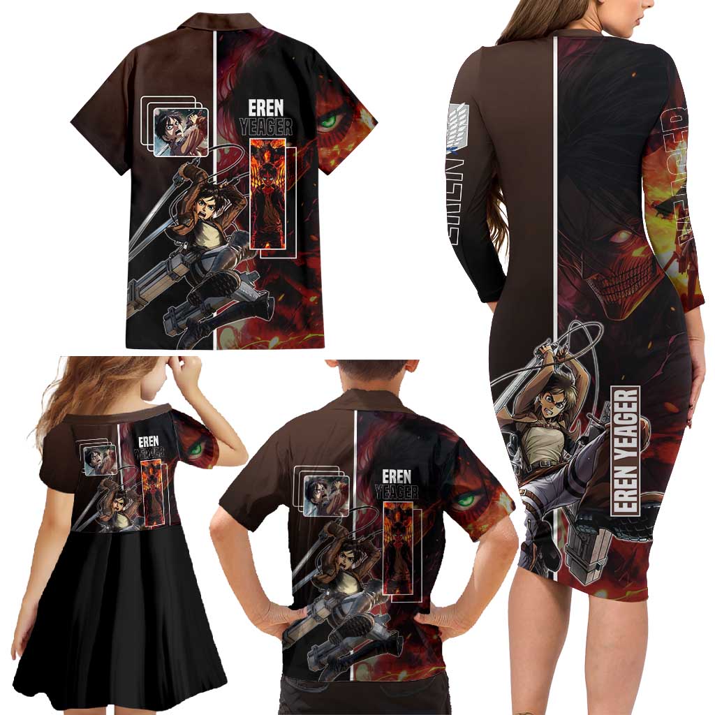 Eren Yeager from Attack on Titan Family Matching Long Sleeve Bodycon Dress and Hawaiian Shirt with Action Poses and Fiery Background Design - The Mazicc