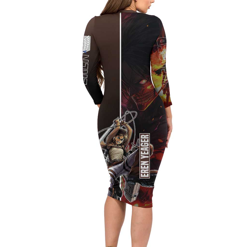 Eren Yeager from Attack on Titan Family Matching Long Sleeve Bodycon Dress and Hawaiian Shirt with Action Poses and Fiery Background Design - The Mazicc