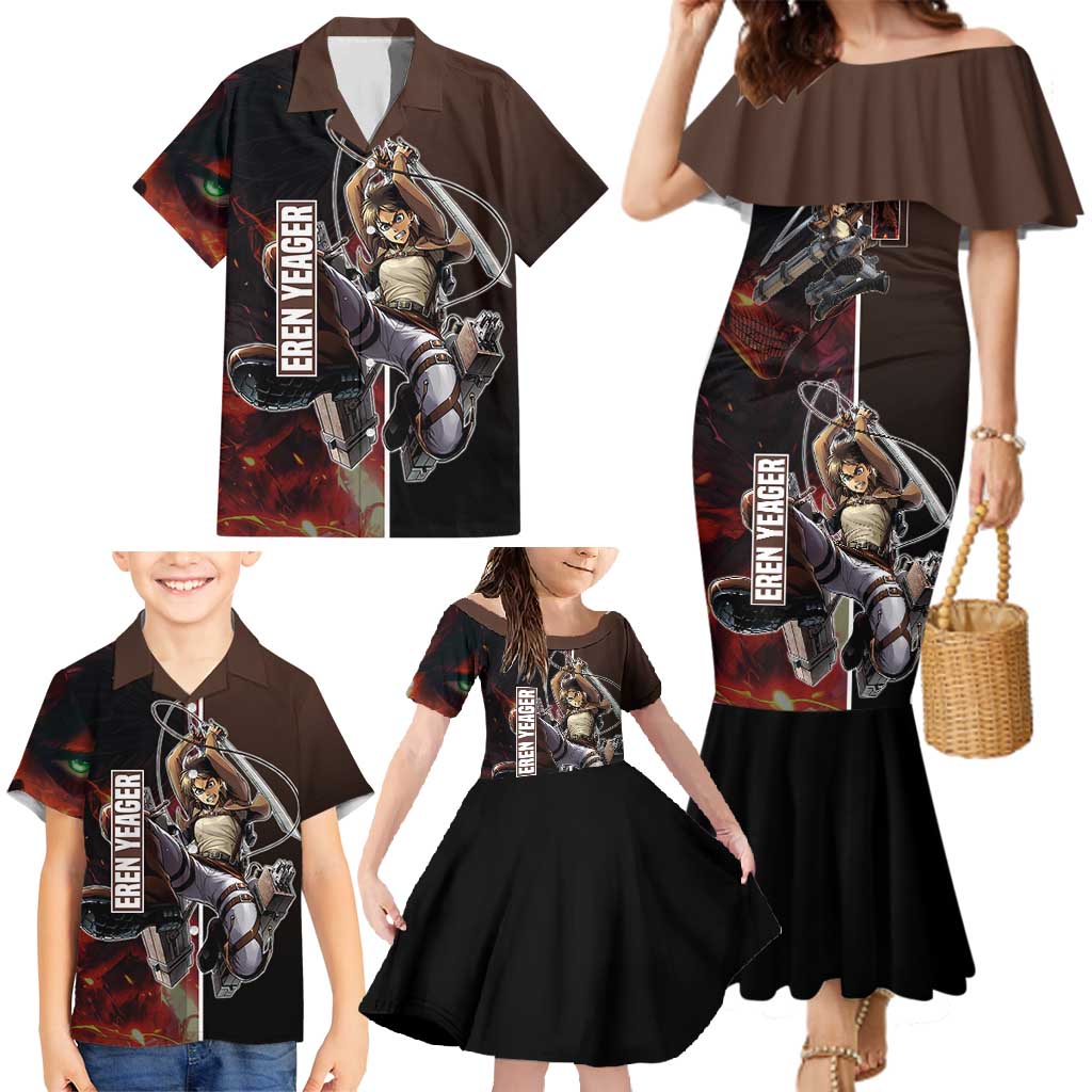 Eren Yeager from Attack on Titan Family Matching Mermaid Dress and Hawaiian Shirt with Action Poses and Fiery Background Design - The Mazicc