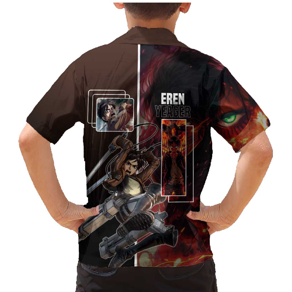 Eren Yeager from Attack on Titan Family Matching Mermaid Dress and Hawaiian Shirt with Action Poses and Fiery Background Design - The Mazicc