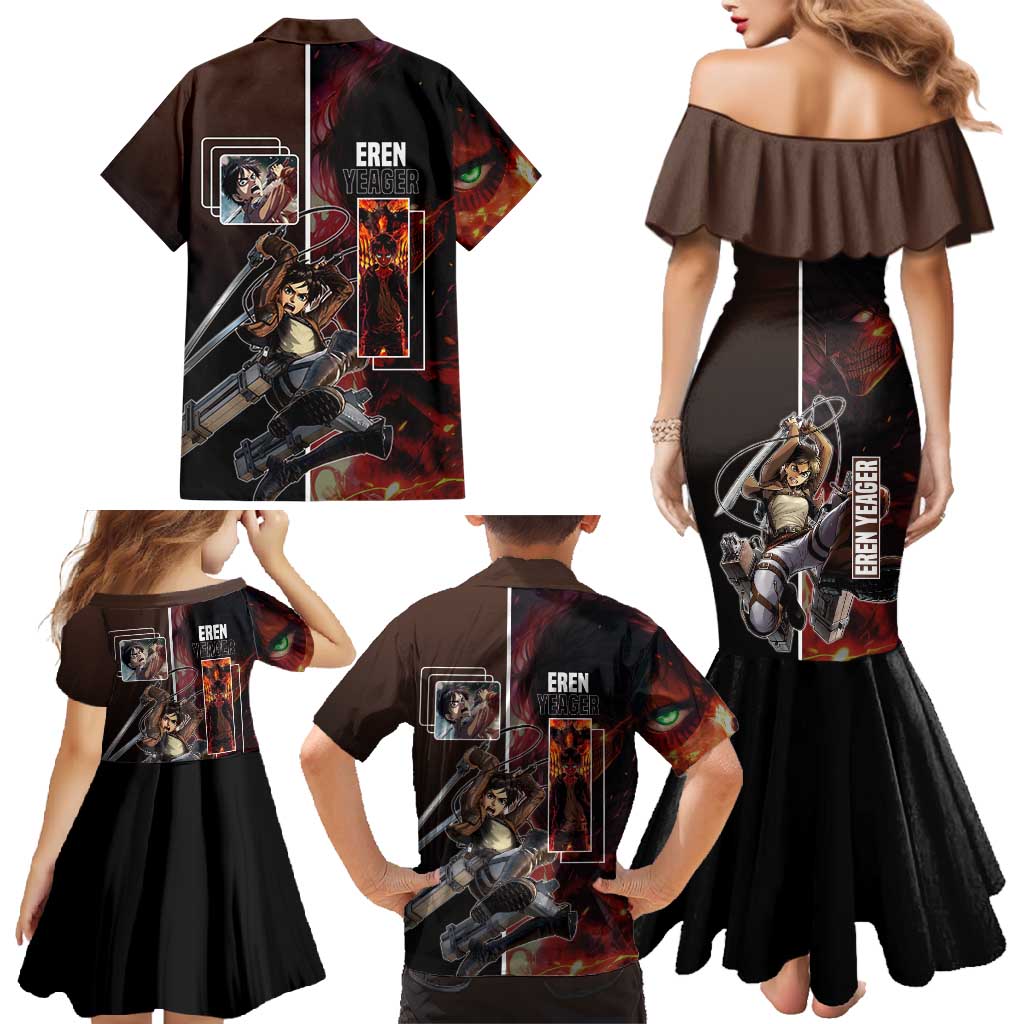 Eren Yeager from Attack on Titan Family Matching Mermaid Dress and Hawaiian Shirt with Action Poses and Fiery Background Design - The Mazicc