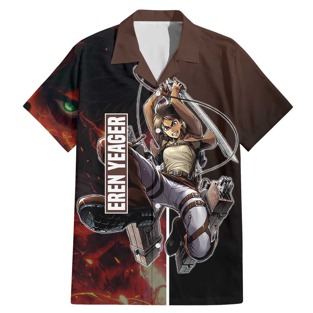 Eren Yeager from Attack on Titan Family Matching Mermaid Dress and Hawaiian Shirt with Action Poses and Fiery Background Design - The Mazicc