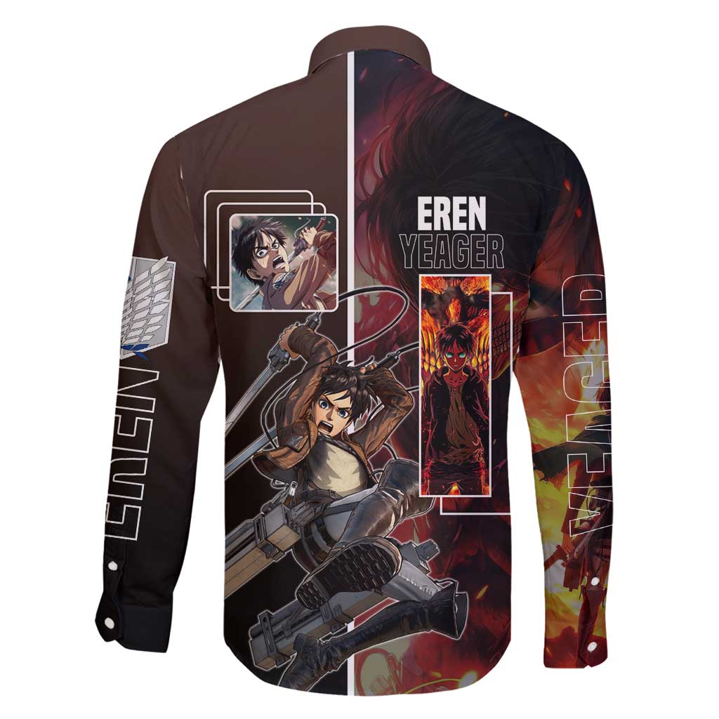 Eren Yeager from Attack on Titan Family Matching Mermaid Dress and Hawaiian Shirt with Action Poses and Fiery Background Design - The Mazicc