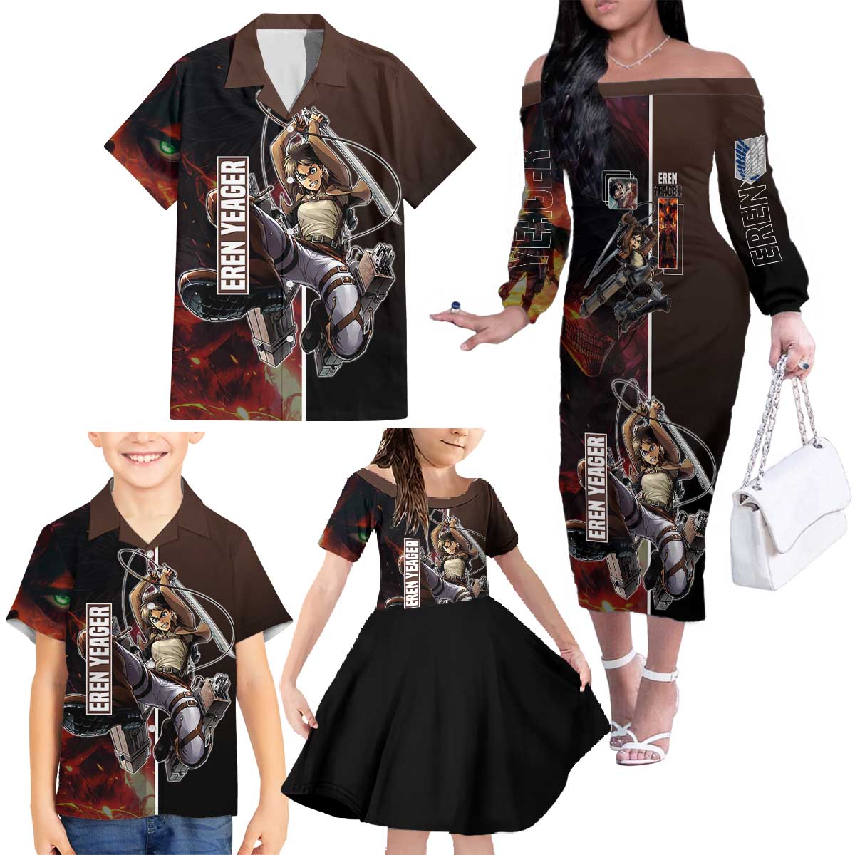 Eren Yeager from Attack on Titan Family Matching Off The Shoulder Long Sleeve Dress and Hawaiian Shirt with Action Poses and Fiery Background Design - The Mazicc