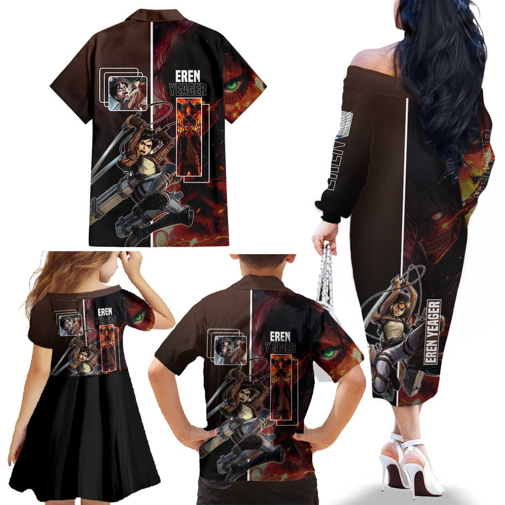 Eren Yeager from Attack on Titan Family Matching Off The Shoulder Long Sleeve Dress and Hawaiian Shirt with Action Poses and Fiery Background Design - The Mazicc