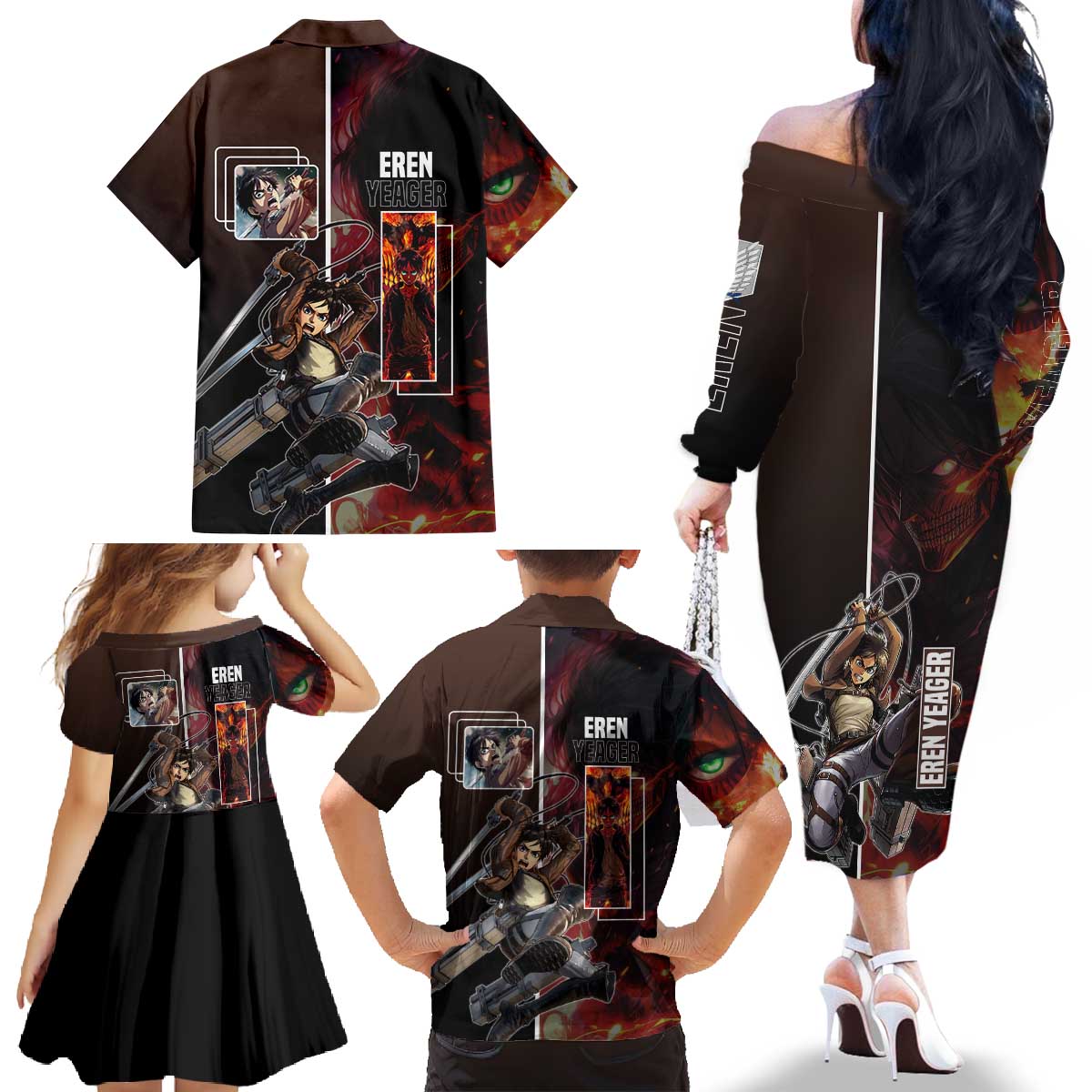 Eren Yeager from Attack on Titan Family Matching Off The Shoulder Long Sleeve Dress and Hawaiian Shirt with Action Poses and Fiery Background Design - The Mazicc