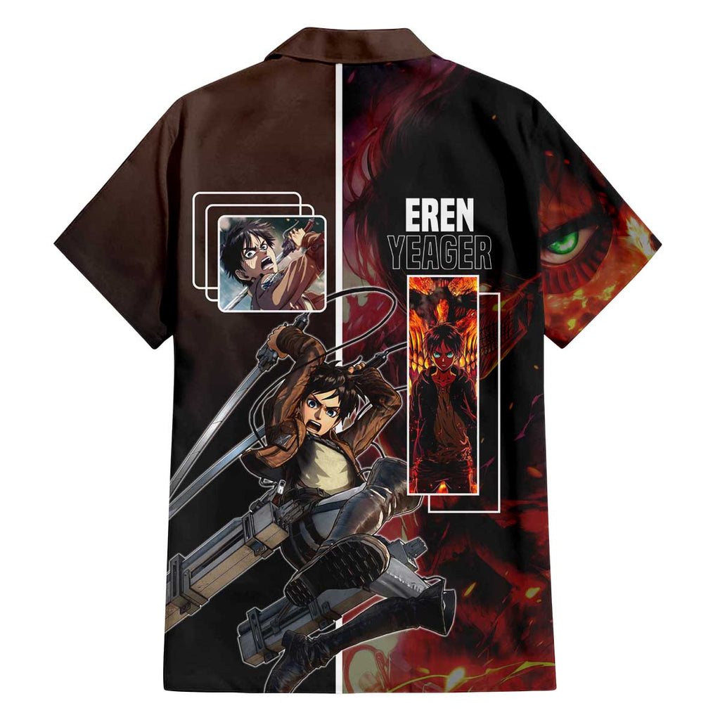 Eren Yeager from Attack on Titan Family Matching Off The Shoulder Long Sleeve Dress and Hawaiian Shirt with Action Poses and Fiery Background Design - The Mazicc