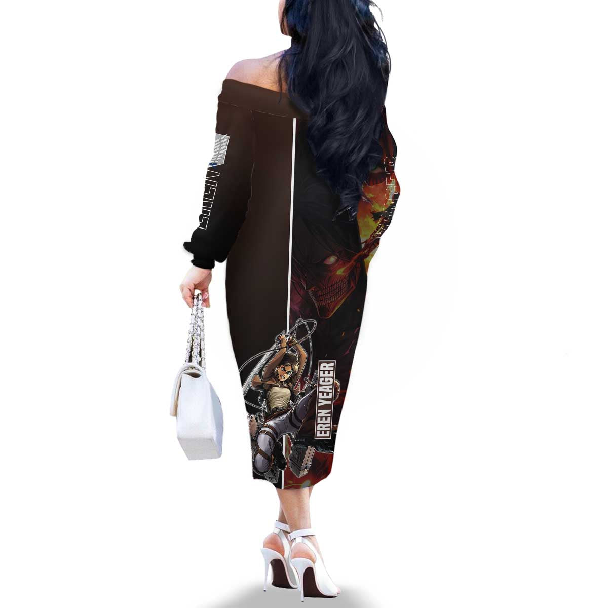 Eren Yeager from Attack on Titan Family Matching Off The Shoulder Long Sleeve Dress and Hawaiian Shirt with Action Poses and Fiery Background Design - The Mazicc