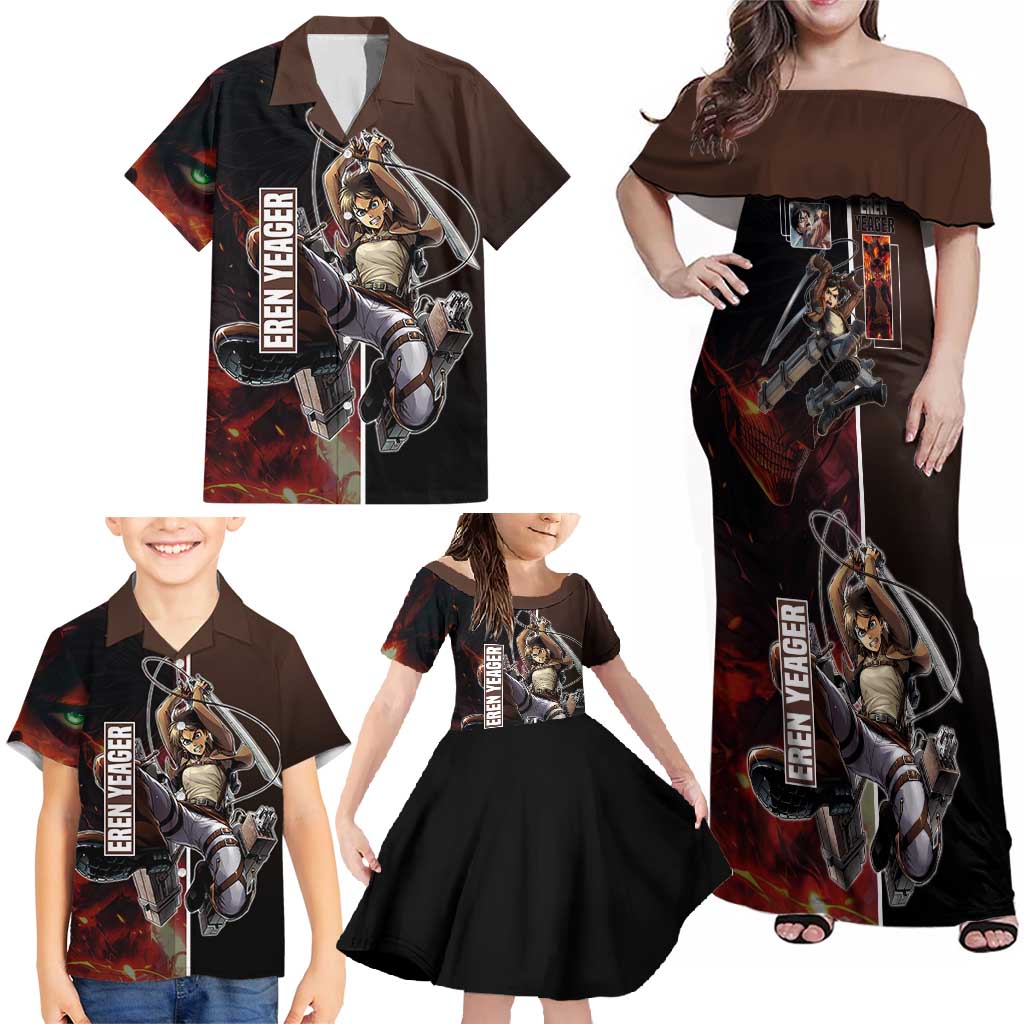 Eren Yeager from Attack on Titan Family Matching Off Shoulder Maxi Dress and Hawaiian Shirt with Action Poses and Fiery Background Design - The Mazicc