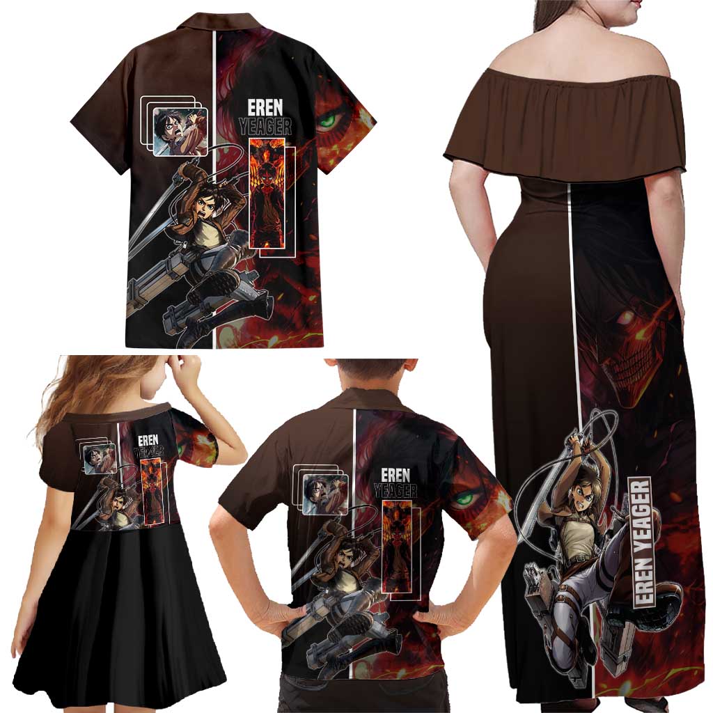 Eren Yeager from Attack on Titan Family Matching Off Shoulder Maxi Dress and Hawaiian Shirt with Action Poses and Fiery Background Design - The Mazicc