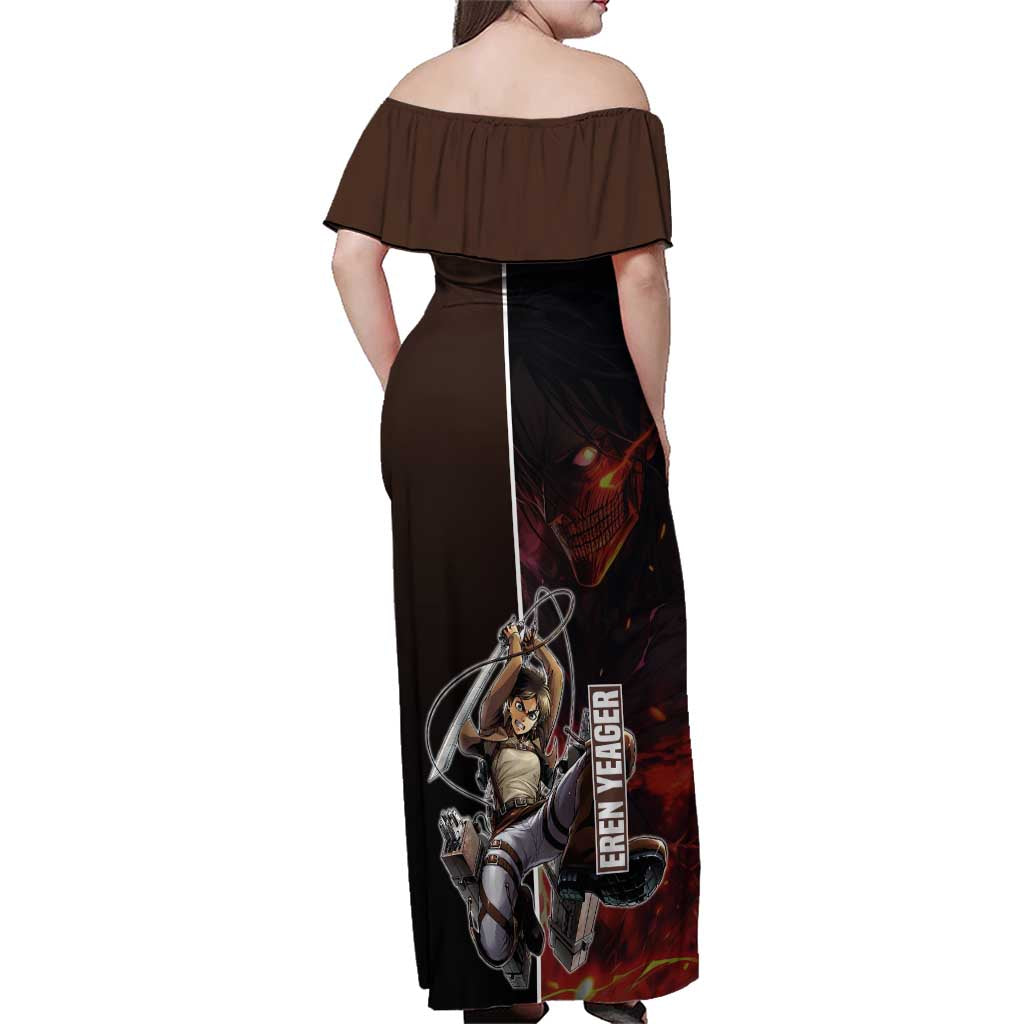 Eren Yeager from Attack on Titan Family Matching Off Shoulder Maxi Dress and Hawaiian Shirt with Action Poses and Fiery Background Design - The Mazicc