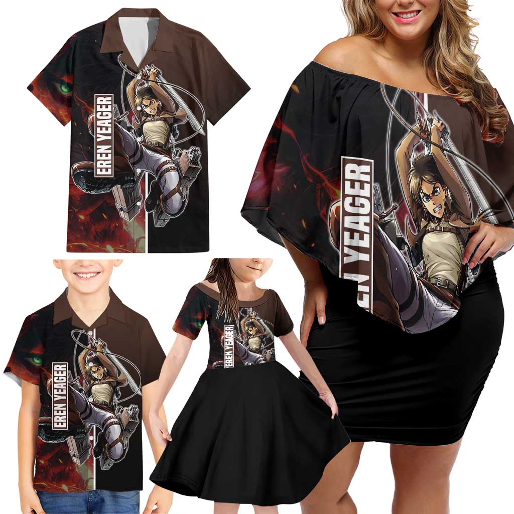 Eren Yeager from Attack on Titan Family Matching Off Shoulder Short Dress and Hawaiian Shirt with Action Poses and Fiery Background Design - The Mazicc