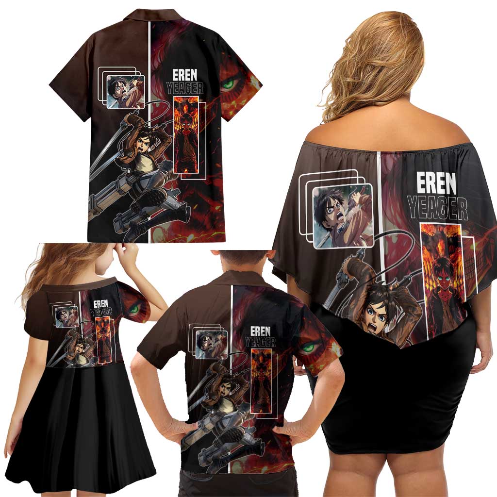 Eren Yeager from Attack on Titan Family Matching Off Shoulder Short Dress and Hawaiian Shirt with Action Poses and Fiery Background Design - The Mazicc