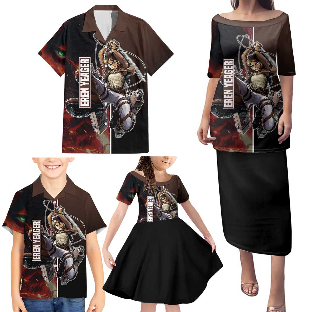 Eren Yeager from Attack on Titan Family Matching Puletasi and Hawaiian Shirt with Action Poses and Fiery Background Design - The Mazicc