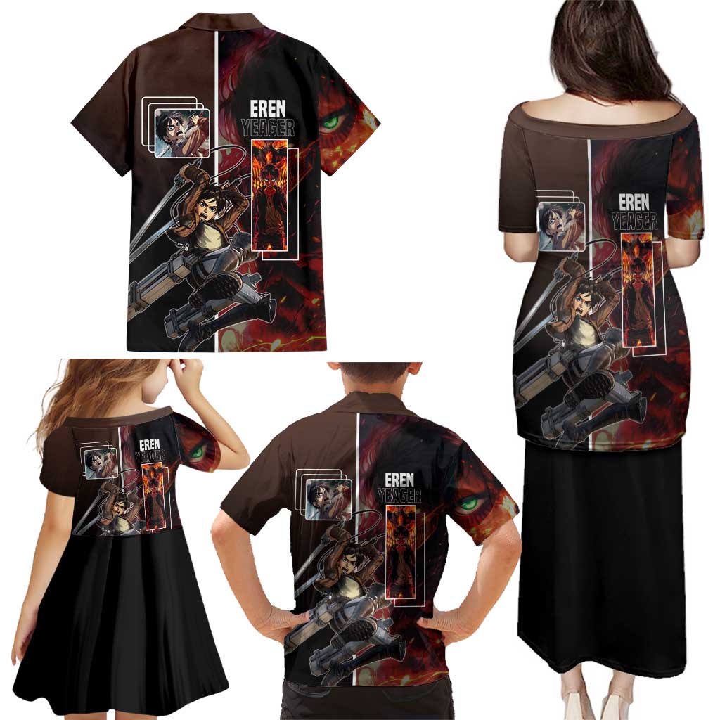 Eren Yeager from Attack on Titan Family Matching Puletasi and Hawaiian Shirt with Action Poses and Fiery Background Design - The Mazicc