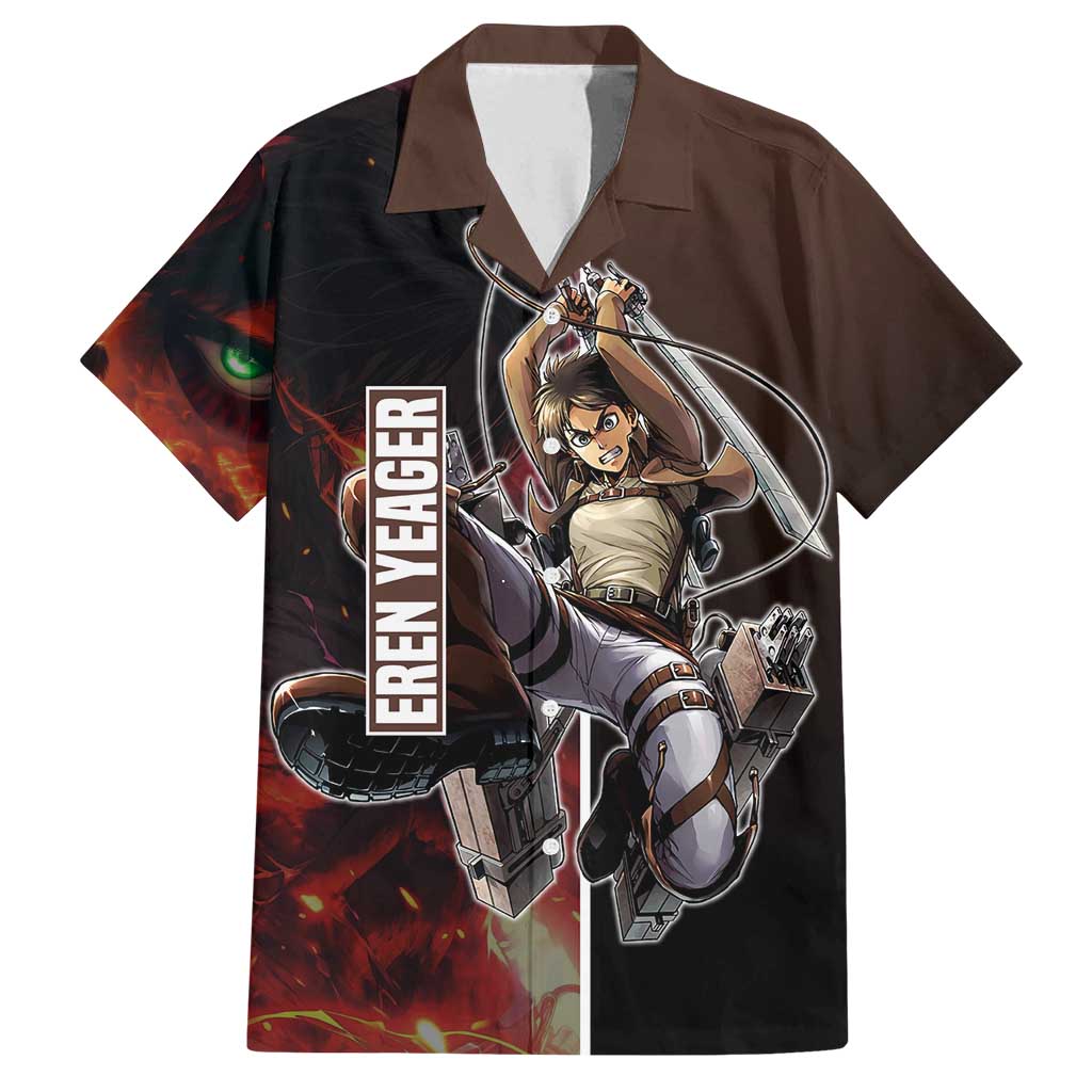 Eren Yeager from Attack on Titan Family Matching Puletasi and Hawaiian Shirt with Action Poses and Fiery Background Design - The Mazicc